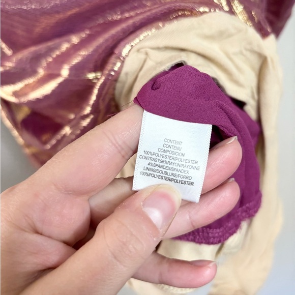 Wayf Emmi metallic purple gold puff sleeve shimmer bodysuit v neck size XS new - Picture 6 of 10